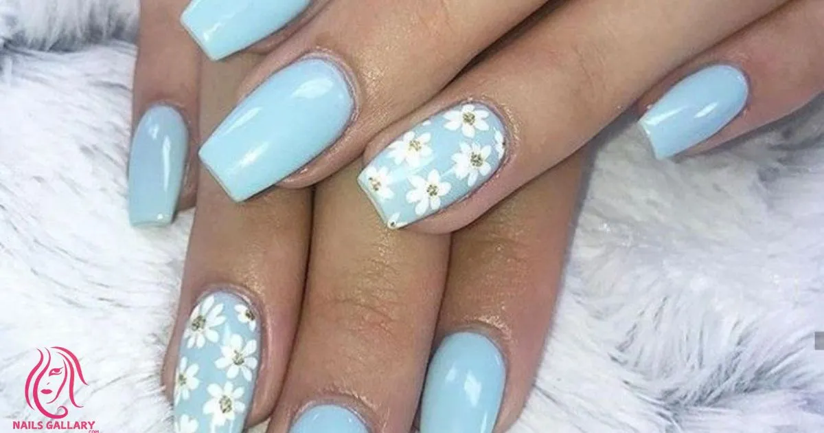 Floral Blue Beach Wedding Nail Design