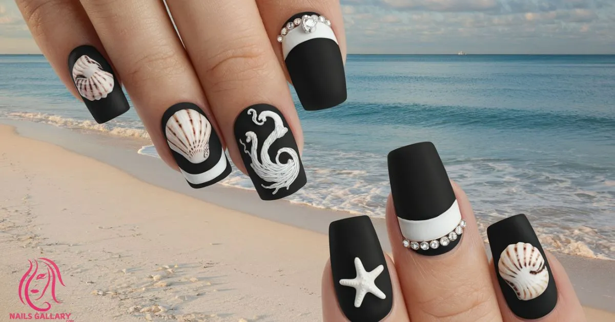 Luxury Matte Black Beach Wedding Nail Design