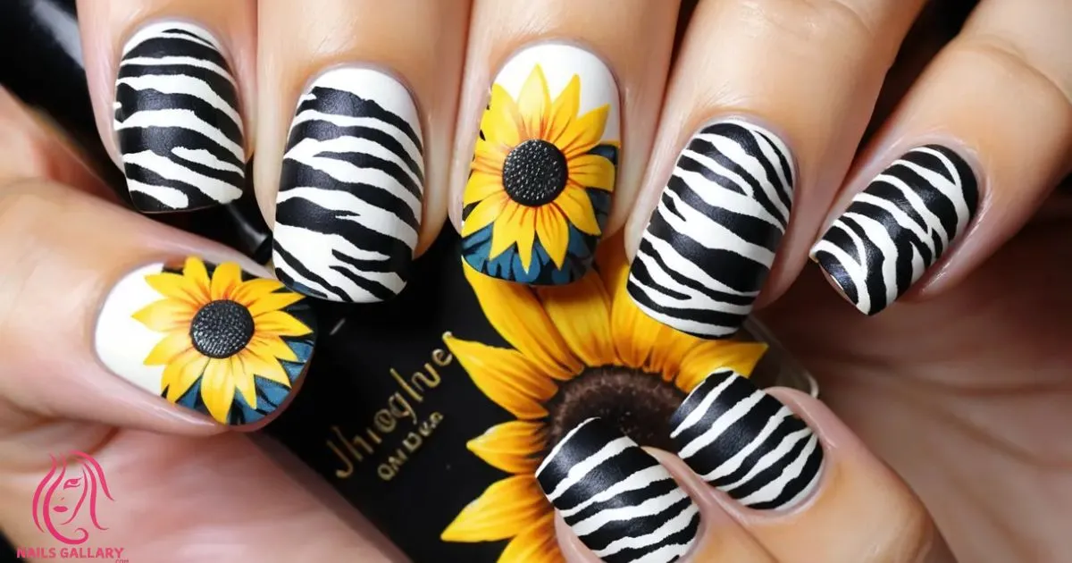 Matte Zebra Print and Sunflower Nail Design