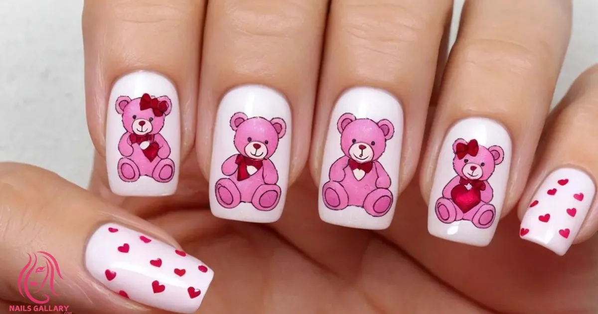 Transparent Pink Teddy Bear Valentine Nail